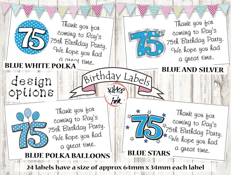 personalised party stickers black and gold seventy-fifth 75th Birthday labels pink blue silver red purple white any colour themecolour