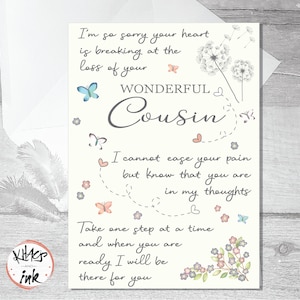 Carte de condoléances, cousine en deuil, je pense à vous, carte de condoléances, désolé pour la perte de votre cousin, il n'y a pas de mots