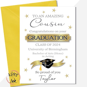 Carte personnalisée de remise des diplômes de cousin, félicitations cousin. ajoutez l'université, le nom du diplôme, la promotion 2024 BSc BA spécialisé