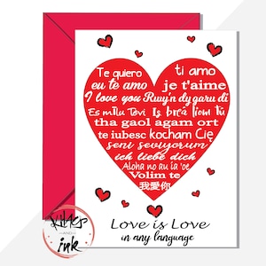 Romantische valentijnskaart 'Love is Love in any language' I love you in verschillende talen Italiaans Frans Welsh Iers Schots Pools