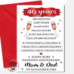 パーソナライズされた 40 周年ルビー記念カード、母と父の記念カード、夫へ、妻へ、480 か月、2087 週間、人生の節目