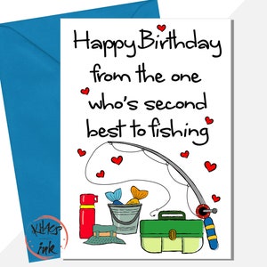Tarjeta de cumpleaños divertida para un esposo pescador, feliz cumpleaños de quien es el segundo mejor en pesca, novio, esposa, aparejos, caña, agregar mensaje