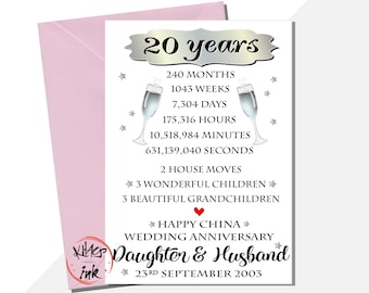 Personalised 20th china anniversary card, Daughter Anniversary card, Son, To my Husband, To my wife, 240 months, 1043 weeks, life milestones