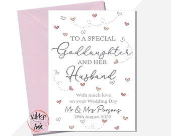 Wedding Day card Goddaughter and Husband, Congratulations on your Wedding Day to a special Goddaughter and Husband, Personalised Mr & Mrs