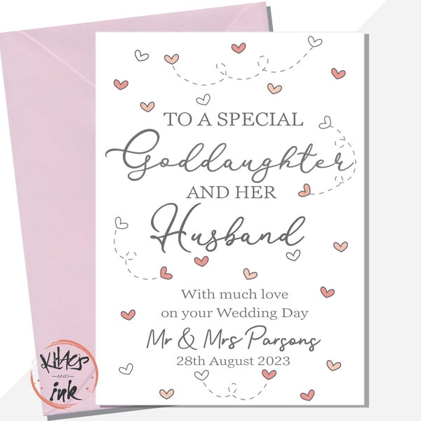 Hochzeitskarte Patentochter und Ehemann, Glückwünsche zu Ihrem Hochzeitstag an eine besondere Patentochter und Ehemann, personalisiert Mr & Mrs