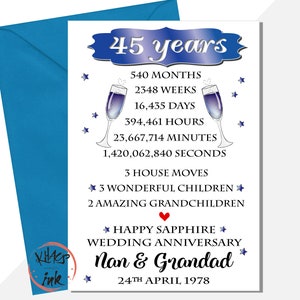 パーソナライズされた 45 周年サファイア記念カード、ママとパパの記念カード、夫へ、妻へ、540 か月、2348 週間、人生の節目