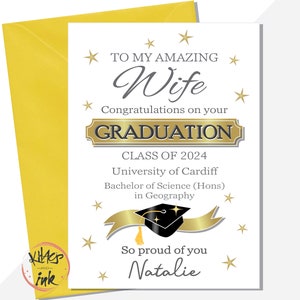 Carte de remise de diplôme d'épouse personnalisée. Félicitations à votre femme ou à votre fiancée. ajoutez l'université. nom du diplôme, promotion 2024 BSc BA spécialisé