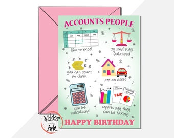 Accountant, accounts ledger finance clerk office birthday card, excel balance reports assets   - add own message