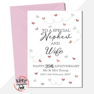 甥とその妻の記念日カード、パーソナライズされた甥と妻の幸せな記念日、どの年でも - 1年 2年 3年 4年 5年 10年 20年 25年 30年