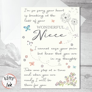 Carte de sympathie nièce en deuil, je pense à vous, carte de condoléances, désolé pour la perte de votre nièce, il n'y a pas de mots