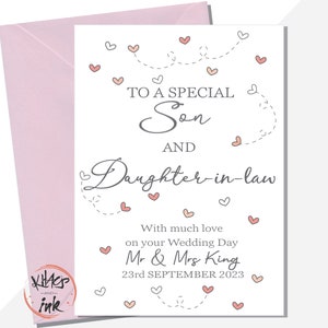 Wedding Day card Son and Daughter in law, Congratulations on your Wedding Day Son and Daughter in law, Personalised Mr and Mrs with date