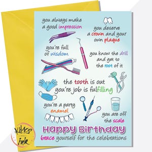 Tarjeta de cumpleaños del dentista, juegos de palabras divertidos, prepárese para celebrar, sabiduría, médico, cirujano, estudiante, asistente, enfermera dental, dentaduras postizas