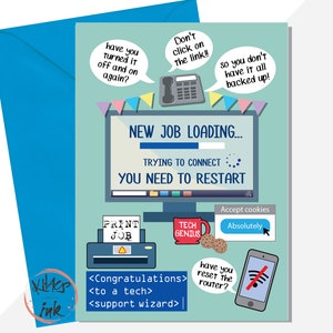 NIEUWE BAAN Computer-IT-nerd gefeliciteerd kaart. technische telefonische ondersteuning nerd, leerling webprogrammeur ontwikkelaar, goed gedaan