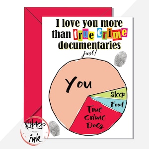 True crime-kaart 'I love you more than true crime documentaires' seriemoordenaar waargebeurd leven, valentijnsdag verjaardag (bericht toevoegen aan de binnenkant)