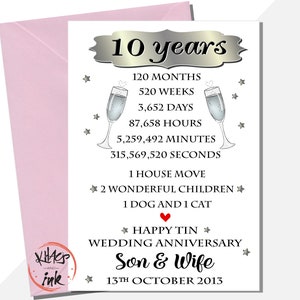 Carte personnalisée du 10e anniversaire en étain, carte d'anniversaire de ma fille, fils, à mon mari, à ma femme, 120 mois, 520 semaines, étapes importantes de la vie