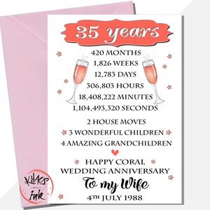 パーソナライズされた 35 周年記念コーラル カード、母と父の記念カード、夫へ、妻へ、420 か月、1826 週間、人生の節目
