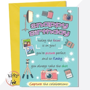 Photographer Funny birthday card, camera, photos, flash, Happy (snappy) Birthday, wedding, family, pet Photography