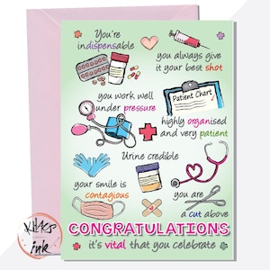 Carte de félicitations d'infirmière, nouvel emploi, examens réussis, remise des diplômes. marrant, jeux de mots, il est essentiel que vous fêtiez la fête, médecin, sage-femme, étudiant, NHS, hôpital