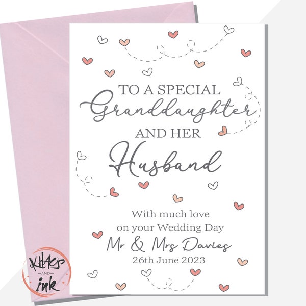 Wedding Day card Granddaughter and Husband, Congratulations on your Wedding Day Granddaughter and Husband, Personalised Mr and Mrs with date