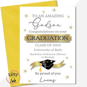 Tarjeta de graduación personalizada de Godson. Felicitaciones Godson. Agregue la universidad, el nombre del título, la clase de 2024 BSc BA honores