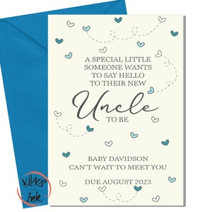 Tarjeta de anuncio de embarazo de futuro tío, tarjeta de nuevo tío, tarjeta de hola tío, tarjeta de nuevo bebé, tío especial, azul, rosa, corazones de arcoíris