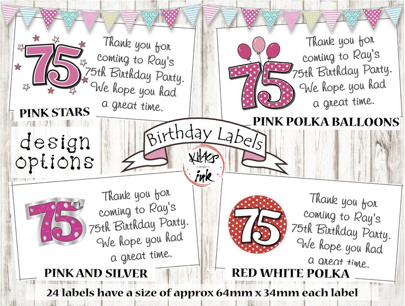 personalised party stickers black and gold seventy-fifth 75th Birthday labels pink blue silver red purple white any colour themecolour