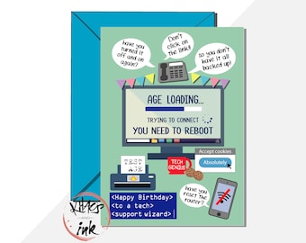 Computer IT nerd birthday card. tech phone support geek, web programming developer, (can add message inside)