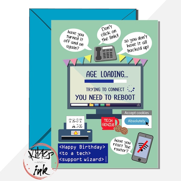 Computer IT nerd birthday card. tech phone support geek, web programming developer, (can add message inside)