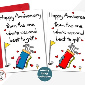 Tarjeta de aniversario divertida, Feliz aniversario de parte de quien es el segundo mejor golfista, novio, esposo, esposa, palos de golf - agregue un mensaje en el interior