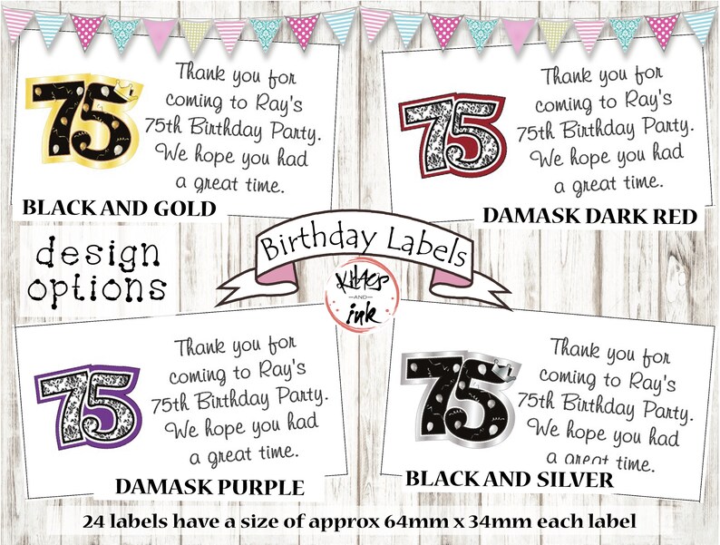 personalised party stickers black and gold seventy-fifth 75th Birthday labels pink blue silver red purple white any colour themecolour