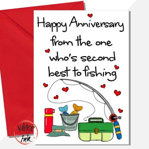 Tarjeta divertida de aniversario de pesca para esposo, feliz aniversario de parte de quien es el segundo mejor en pesca, novio, esposa, aparejos, agregar mensaje