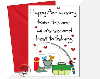 Funny husband fishing anniversary card, Happy anniversary from the one who is second best to fishing, boyfriend, wife, tackle,  add message