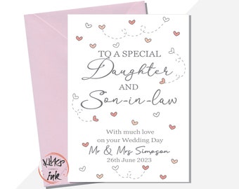 Wedding Day card Daughter and Son-in-law, Congratulations on your Wedding Day Daughter and Son in law , Personalised Mr and Mrs with date