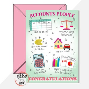 Accountant gefeliciteerd nieuwe vacaturekaart, grootboek nieuwe baan, afstudeerkaart wiskunde-examen geslaagd, financiële Excel-rapporten - eigen bericht toevoegen