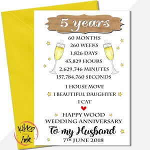 Carte personnalisée du 5e anniversaire en bois, carte d'anniversaire de ma fille, fils, à mon mari, à ma femme, 60 mois, 260 semaines, étapes importantes de la vie