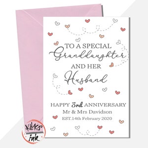 Tarjeta de aniversario para nieta y esposo, feliz aniversario para nieta y esposo, cualquier año: 1.º, 2.º, 5.º, 10.º, 20.º, 25.º