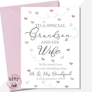 Carte le jour du mariage, petit-fils et femme, félicitations pour votre mariage à un petit-fils et une femme spéciaux, M. et Mme personnalisés avec date