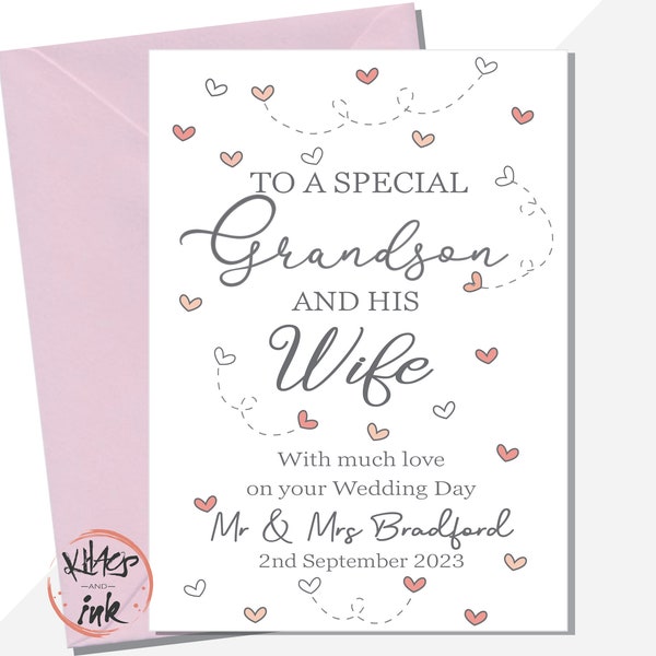Wedding Day card Grandson and Wife, Congratulations on your Wedding Day to a special Grandson and Wife, Personalised Mr and Mrs with date