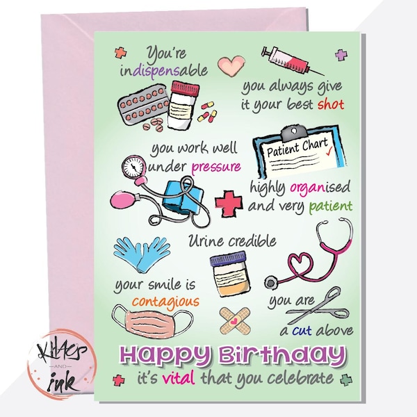 Nurse Birthday card, funny, puns, it's vital you celebrate, doctor, surgeon, midwife, pharmacist, student, NHS, hospital