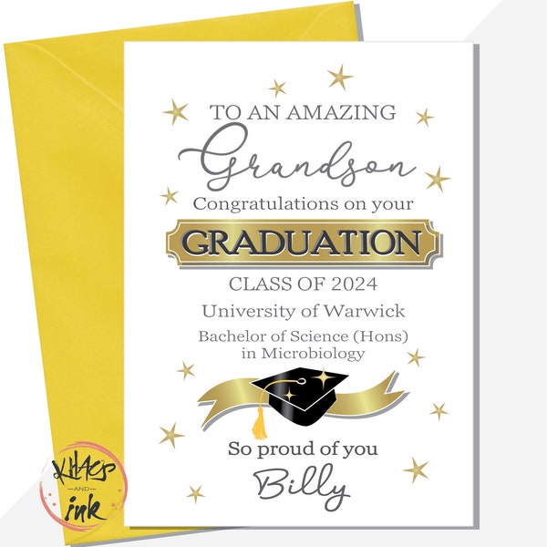 Personalised Grandson Graduation card, congratulations Grandson. add the university, degree name, class of 2024 BSc BA honours