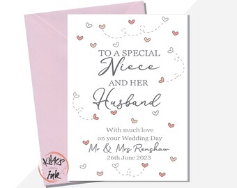 Wedding Day card Niece and Husband, Congratulations on your Wedding Day Niece and Husband, Personalised Mr and Mrs with date