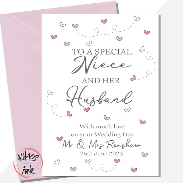 Wedding Day card Niece and Husband, Congratulations on your Wedding Day Niece and Husband, Personalised Mr and Mrs with date