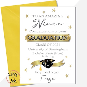 Carte de fin d'études personnalisée pour nièce. Félicitations nièce. ajoutez l'université, le nom du diplôme, la promotion 2024 BSc BA spécialisé