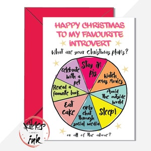 Introverte kerstkaart, beste vriend kerstkaart, mijn favoriete introverte, cirkeldiagram, vriend, vriendin vrouw, -kan bericht toevoegen
