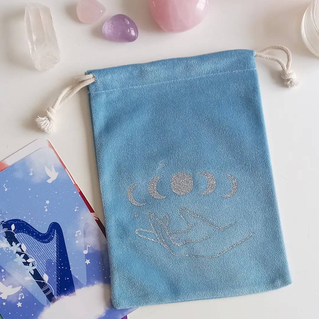 Sac à Oracle ou Tarot en Velours Bleu Gris Illustration Phase Lunaire
