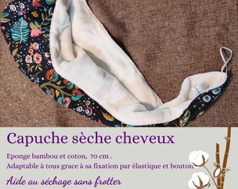 Capuche sèche cheveux, serviette turban pour cheveux en éponge bambou et coton. Pièce unique.