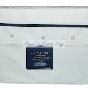 RALPH LAUREN Palmer Polo Navy Queen Sábana encimera Algodón orgánico 464 TC Blanco