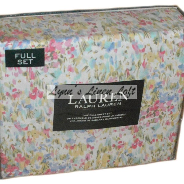 Ralph Lauren Loire Floral Aquarelle 4P Ensemble de draps en coton Rose Bleu Multi