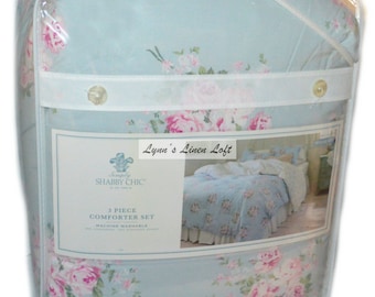 Simply Shabby Chic Bella Misty Blue Floral Roses Queen Comforter Set Pink Cotton New