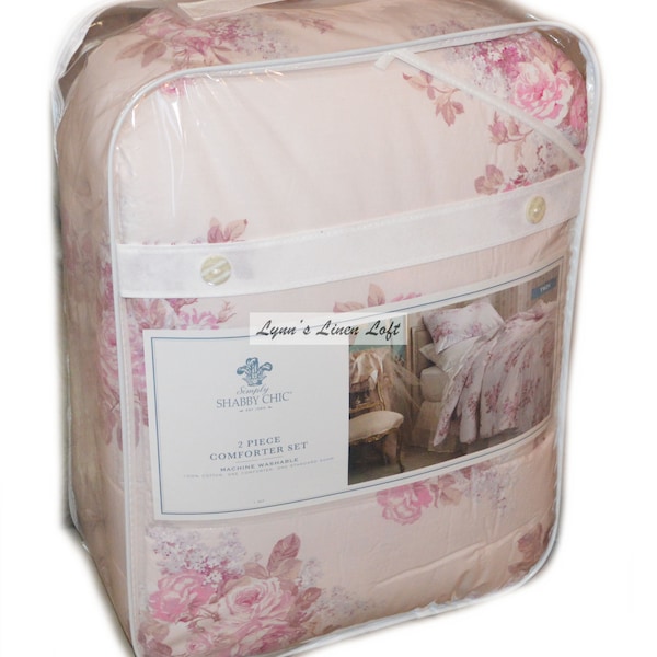 SIMPLY SHABBY CHIC Pink Blush Bouquet Floral 2PC Twin Comforter Set New Cotton